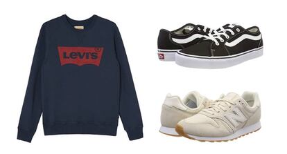 A la izquierda, sudadera para niños Levi's; arriba zapatillas Vans y abajo a la derecha, zapatillas New Balance 373