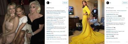 Jennifer Lopez se hizo una foto con su llamativo vestido amarillo y luego compartió otra con sus amigas Lady Gaga y Kate Hudson para felicitar a la protagonista de 'American Horror Story: Hotel' por su premio.