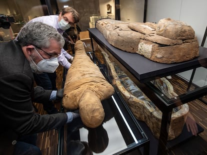 Helge Nieswandt, curator (l) and Prof. Achim Lichtenberger, Director of the Archaeology Museum at Münster University, place an elaborately restored "Münster Mummy" next to its sarcophagus in a new display case.