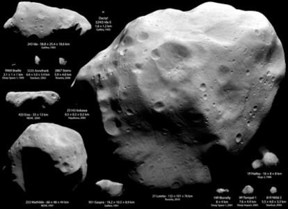 Mosaico de imágenes de los asteroides -y sus tamaños relativos- visitados por naves espaciales hasta junio de este año, preparado por Emily Lakdawalla de la Sociedad Planetaria (EE UU)