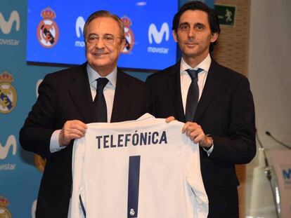 El presidente del Real Madrid, Florentino Pérez, y el de Telefónica, José María Álvarez-Pallete, en la presentación del acuerdo en 2017.