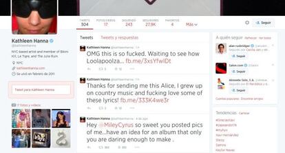 El tuit de Kathleen Hanna a Miley Cyrus.