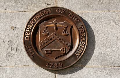 A bronze seal for the Department of the Treasury is shown at the U.S. Treasury building in Washington.