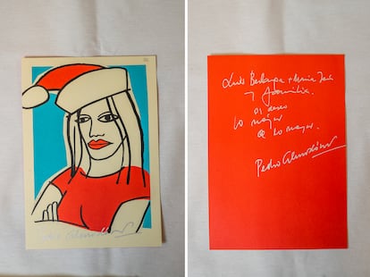 Tarjeta de felicitación navideña (anverso y reverso) de Pedro Almodóvar a Luis García Berlanga y a María Jesús Manrique con el cartel de la película 'Todo sobre mi madre' modificado para la ocasión.