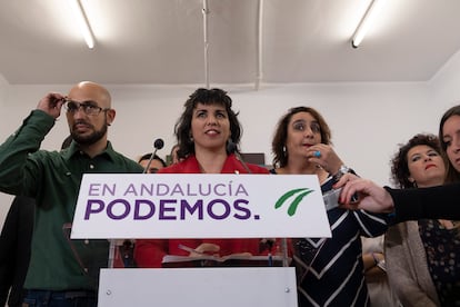 La portavoz de Adelante Andalucía, Teresa Rodríguez, en una rueda de prensa en febrero de 2020.