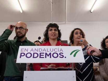 La portavoz de Adelante Andalucía, Teresa Rodríguez, en una rueda de prensa en febrero de 2020.