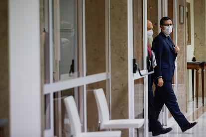 El ministro de la Presidencia, Félix Bolaños, tras su comparecencia en el Congreso, este jueves.