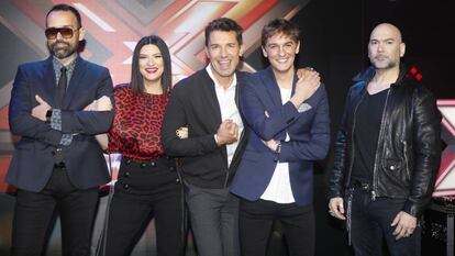 Risto Mejide, Laura Pausini, Jesús Vázquez, Xavi Martinez y Fernando Montesinos en la presentación de 'Factor X'.