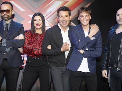Risto Mejide, Laura Pausini, Jesús Vázquez, Xavi Martinez y Fernando Montesinos en la presentación de 'Factor X'.