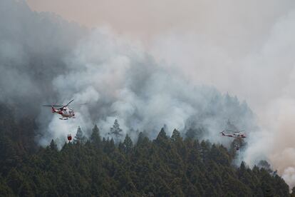 Helicópteros trabajaban en el pueblo de Aguamansa, en el municipio de La Orotava, el viernes.