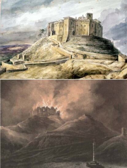 Arriba, una ilustración del castillo de 1841, y abajo, una del incendio, de 1844.