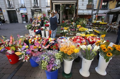 Puesto de flores en la plaza Tirso de Molina de Madrid.