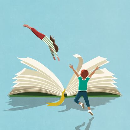 Exuberant boy watching girl dive into book