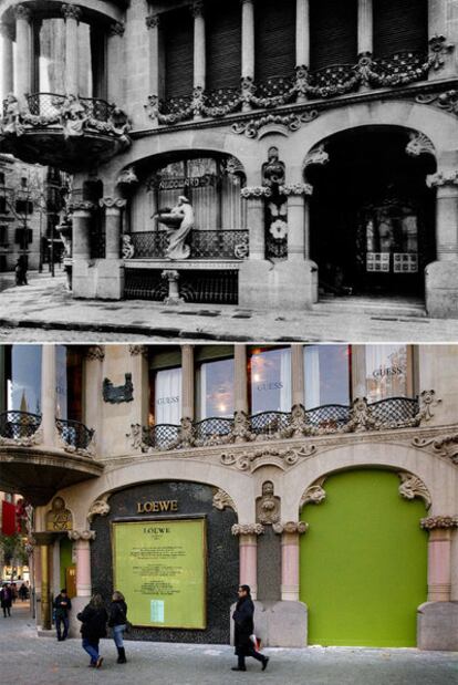 Entrada de carruajes de la casa Lleó i Morera, poco después de su inauguración en 1905. Abajo, la misma foto realizada ayer, con el inicio de las obras de reforma.