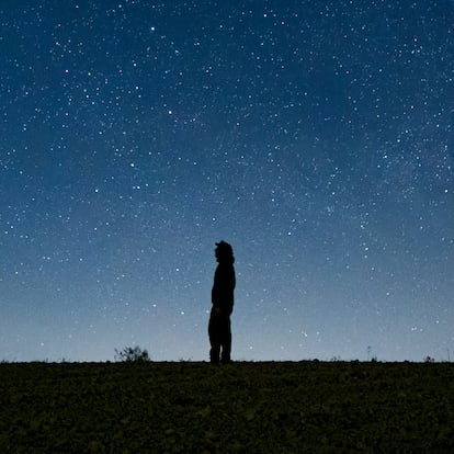 A person's silhouette is seen against a background of millions of stars, contemplating the vastness of the cosmos.