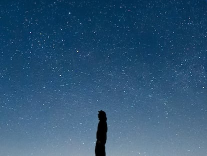 A person's silhouette is seen against a background of millions of stars, contemplating the vastness of the cosmos.