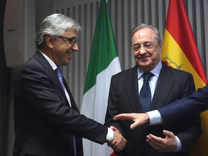 Florentino Pérez junto a Giovanni Castellucci y Marcelino Fernández.