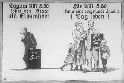 Propaganda nazi que compara el coste de un enfermo con el de una familia sana.