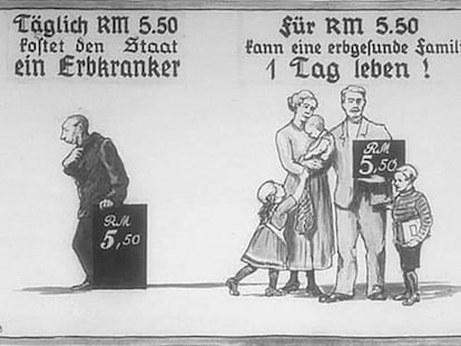 Nazi propaganda comparing the cost of an ill person with the cost of a healthy family.