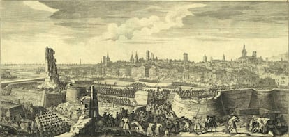 Grabado sobre el sitio de Barcelona de 1714.