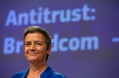 European Commissioner for Competition Margrethe Vestager speaks during a media conference regarding an anti-trust decision on Broadcom at EU headquarters in Brussels, Wednesday, Oct. 16, 2019.