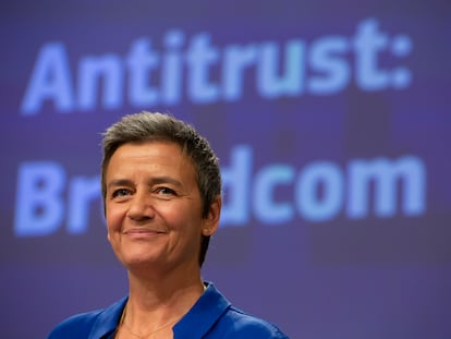 European Commissioner for Competition Margrethe Vestager speaks during a media conference regarding an anti-trust decision on Broadcom at EU headquarters in Brussels, Wednesday, Oct. 16, 2019.