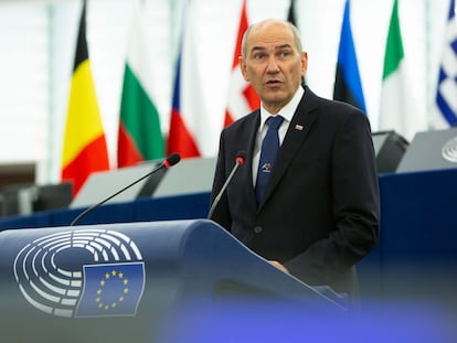 El primer ministro esloveno, Janez Jansa, durante su intervención en el Parlamento Europeo, este martes.