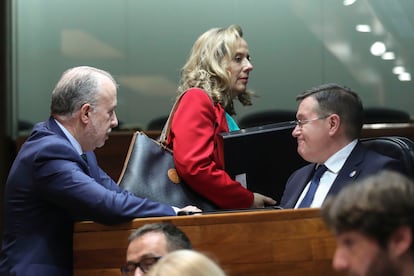 La consejera de Transición Ecológica, Industria y Comercio, Belarmina Díaz, tras anunciar este martes su "dimisión irrevocable" tras haber dado en el pleno de la Junta General del Principado explicaciones sobre el accidente minero que el pasado 31 de marzo costó la vida a cinco trabajadores en la mina de Cerredo, en Degaña.