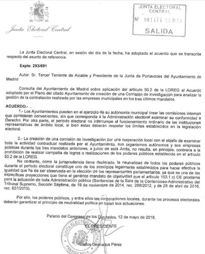 Escrito de la Junta Electoral sobre la comisión de investigación municipal.