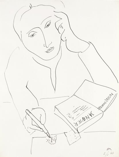 <i>Mujer con agenda</i> (1944) es un dibujo a tinta china de Henri Matisse, alejado del uso del color en tantas de sus obras. © Succesion H. Matisse. VEGAP. Madrid, 2011.