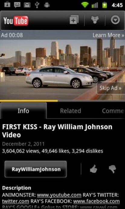 Ejemplo de la nueva publicidad en la versión móvil de YouTube.