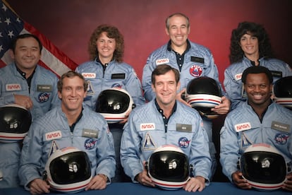 La tripulación del 'Challenger', antes del despegue.