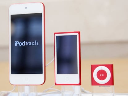 El iPod en sus tres versiones actuales: touch, nano y shuffle.