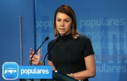 Cospedal, durante la rueda de prensa posterior a la reunión con vicesecretarios generales y portavoces parlamentarios del PP.