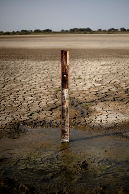 Un medidor de agua en el suelo resquebrajado de la laguna de Santa Olalla.