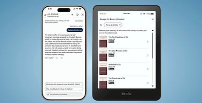 Un smartphone con la app Kindle al lado de un Kindle de Amazon