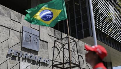 A protest is held in front of Petrobras headquarters in Rio de Janeiro.