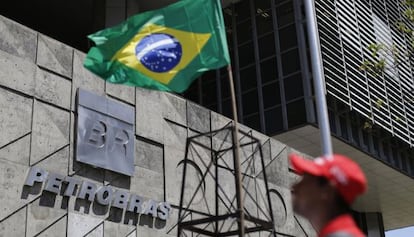 A protest is held in front of Petrobras headquarters in Rio de Janeiro.