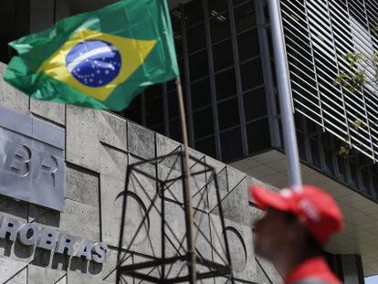 A protest is held in front of Petrobras headquarters in Rio de Janeiro.