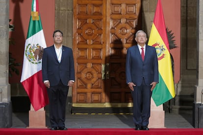 Presidents Luis Arce and Andrés Manuel López Obrador, of Bolivia and Mexico respectively, pose after a press conference in Mexico City, in March 2021.
