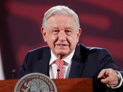 Andrés Manuel López Obrador habla durante la conferencia matutina en Ciudad de México, este 28 de mayo.