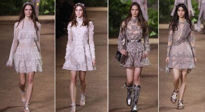 Los vestidos cortos también han ocupado su espacio en la propuesta de alta costura de Elie Saab. Trajes cerrados hasta las rodillas que ha combinado con botas metalizadas o zapato plano.