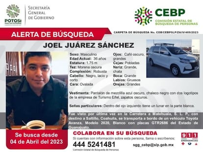 Ficha de búsqueda de Joel Juárez Sánchez, uno de los dos choferes que transportaba a 23 personas desaparecidas en Guanajuato.
