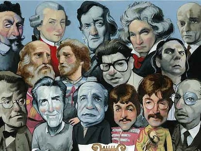 De izquierda a derecha y de arriba abajo: Monteverdi, Mozart, Wagner, Beethoven, Arnold Schönberg, Platón, Aristóteles, Morton Feldman, Stockhausen, Gustav Mahler, John Cage, Pierre Boulez, Paul McCartney, John Lennon e Ígor Stravinski.