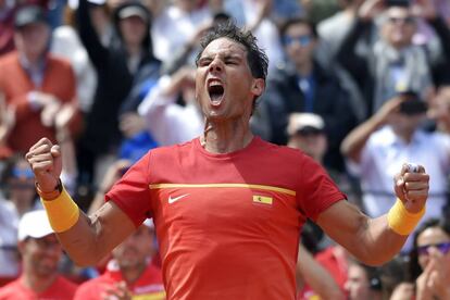 Rafa Nadal celebra su victoria ante el alemán Alexander Zverev, el 8 de abril de 2018.