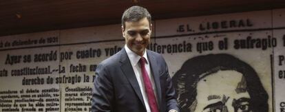 El líder del PSOE, Pedro Sánchez, en la presentación de su propuesta para un nuevo Estatuto de los Trabajadores.