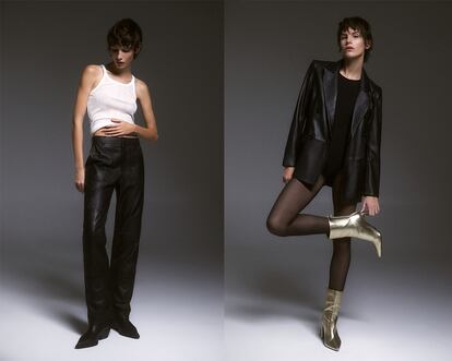 En la imagen izda. pantalón de cuero (89,99 euros). En la derecha, blazer (129,99 euros), todo de la colección Leather Limited Edition, de Pull&Bear.