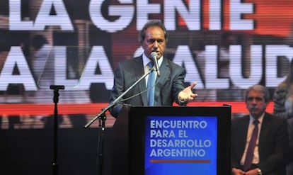 El candidato Daniel Scioli durante una presentación el lunes pasado.