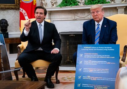 Florida Gov. Ron DeSantis (l) speaks while meeting with Donald Trump in the Oval Office of the White House on April 28, 2020.