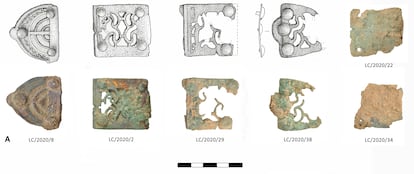 Placas de cinturón del soldado hallado en la sima de La Cerrosa-Lagaña.